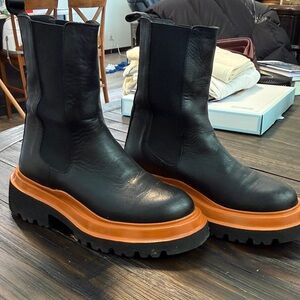 Black Leather Chelsea Boots with Orange Platform Sole - Women's
